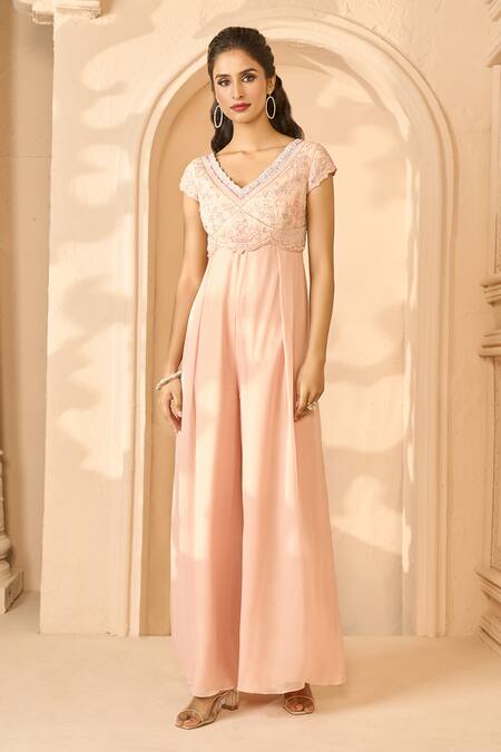 Aariyana Couture Peach Viscose, Georgette Embroidery V-neck Floral Bodice Jumpsuit Online at Aza Fashions Aariyana Couture_Peach Viscose, Georgette Embroidery V-neck Floral Bodice Jumpsuit_Online_at_Aza_Fashions