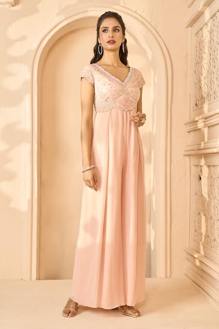 Buy Aariyana Couture Peach Viscose, Georgette Embroidery V-neck Floral Bodice Jumpsuit Online at Aza Fashions Buy_Aariyana Couture_Peach Viscose, Georgette Embroidery V-neck Floral Bodice Jumpsuit_Online_at_Aza_Fashions