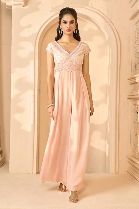 Shop Aariyana Couture Peach Viscose, Georgette Embroidery V-neck Floral Bodice Jumpsuit Online at Aza Fashions Shop_Aariyana Couture_Peach Viscose, Georgette Embroidery V-neck Floral Bodice Jumpsuit_Online_at_Aza_Fashions