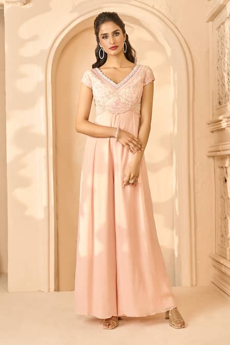 Aariyana Couture Peach Viscose, Georgette Embroidery V-neck Floral Bodice Jumpsuit at Aza Fashions Aariyana Couture_Peach Viscose, Georgette Embroidery V-neck Floral Bodice Jumpsuit_at_Aza_Fashions