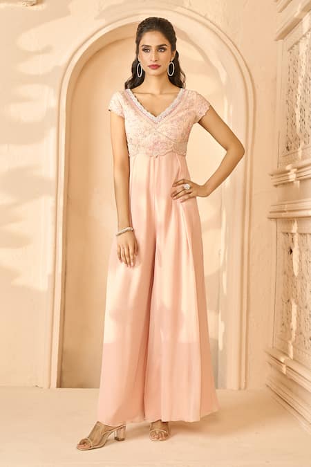 Buy Aariyana Couture Peach Viscose, Georgette Embroidery V-neck Floral Bodice Jumpsuit Buy_Aariyana Couture_Peach Viscose, Georgette Embroidery V-neck Floral Bodice Jumpsuit