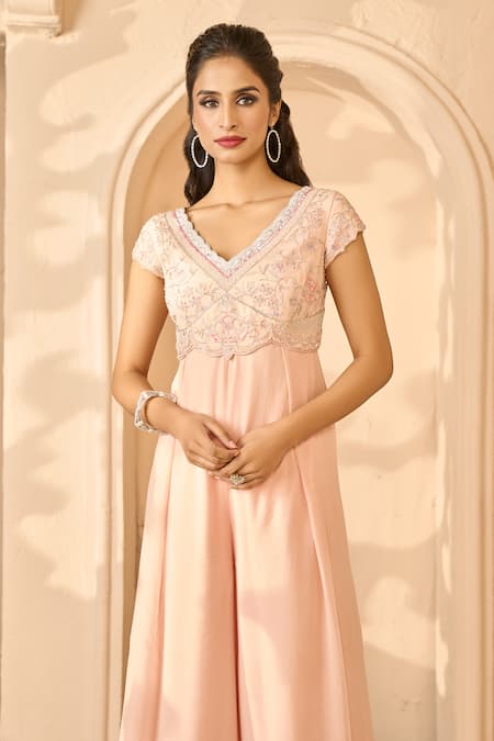 Shop Aariyana Couture Peach Viscose, Georgette Embroidery V-neck Floral Bodice Jumpsuit Shop_Aariyana Couture_Peach Viscose, Georgette Embroidery V-neck Floral Bodice Jumpsuit