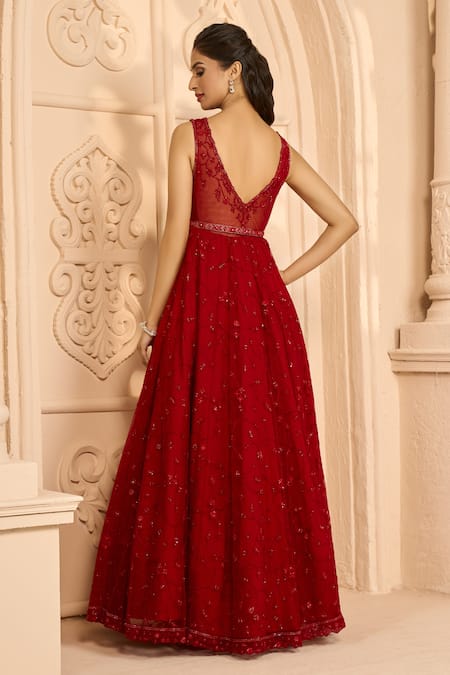 Shop_Aariyana Couture_Red Net Embroidery V-neck Floral Vine Gown_at_Aza_Fashions