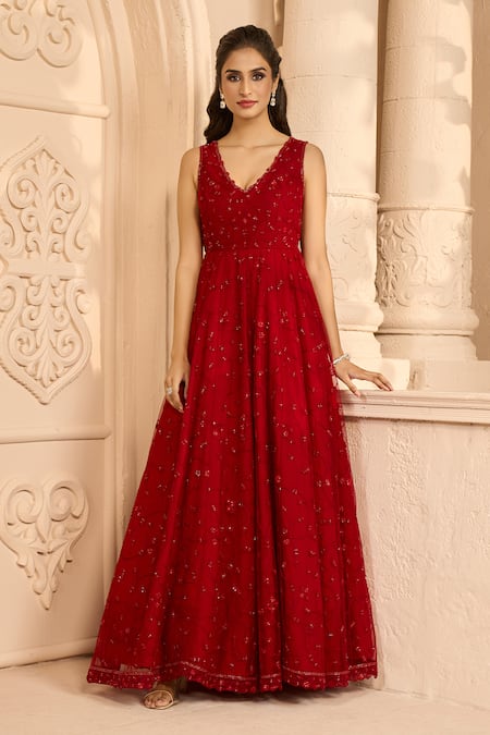 Aariyana Couture_Red Net Embroidery V-neck Floral Vine Gown_Online_at_Aza_Fashions