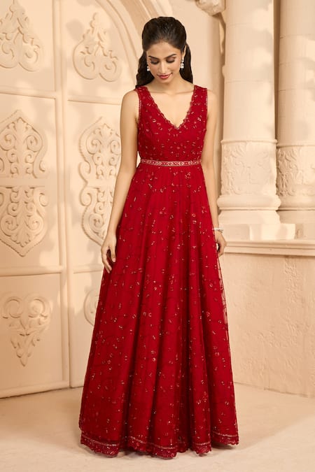 Shop_Aariyana Couture_Red Net Embroidery V-neck Floral Vine Gown_Online_at_Aza_Fashions