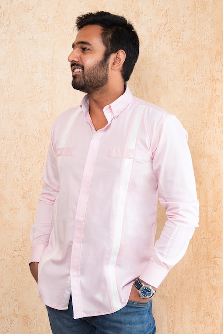 Tarini Vij Pink Orient Satin Patch Leather Stripe Pastel Shirt 