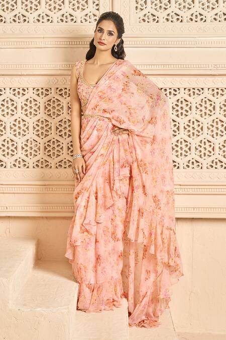 Shop_Aariyana Couture_Peach Chiffon, Georgette Embroidery Floral Print Pre-stitched Saree With Blouse _Online_at_Aza_Fashions