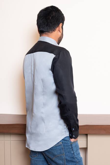 Shop Tarini Vij Grey Tencel And Color Block Shirt at Aza Fashions Shop_Tarini Vij_Grey Tencel And Color Block Shirt_at_Aza_Fashions