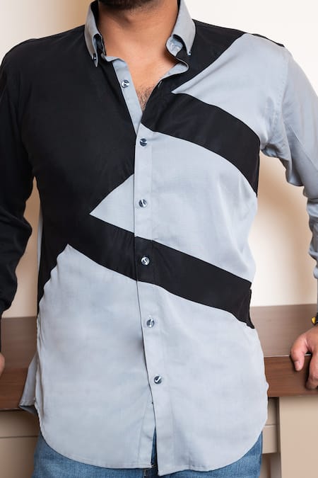 Tarini Vij Grey Tencel And Color Block Shirt Online at Aza Fashions Tarini Vij_Grey Tencel And Color Block Shirt_Online_at_Aza_Fashions