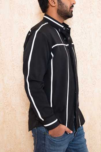 Tarini Vij_Black Crepe, Leatherette Striped Shirt_Online_at_Aza_Fashions