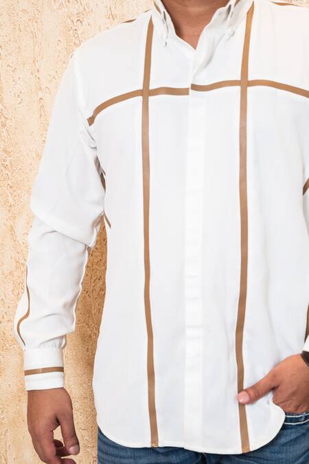 Buy_Tarini Vij_White Crepe, Leather Striped Pattern Shirt_Online_at_Aza_Fashions