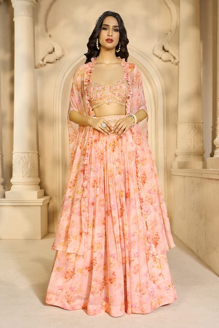 Aariyana Couture Peach Chiffon Printed Floral Patterns Bustier Sweetheart Skirt Set With Cape 