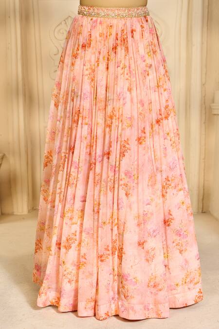 Aariyana Couture Peach Chiffon Embroidery Sweetheart Neck Floral Print Skirt Set With Cape Online at Aza Fashions Aariyana Couture_Peach Chiffon Embroidery Sweetheart Neck Floral Print Skirt Set With Cape_Online_at_Aza_Fashions