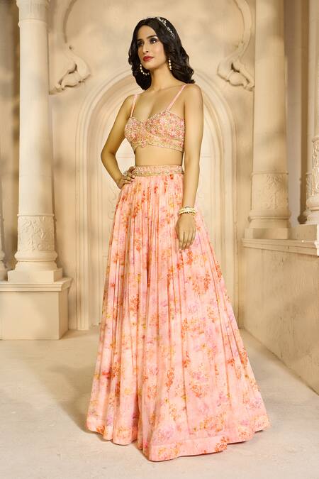 Buy Aariyana Couture Peach Chiffon Embroidery Sweetheart Neck Floral Print Skirt Set With Cape Online at Aza Fashions Buy_Aariyana Couture_Peach Chiffon Embroidery Sweetheart Neck Floral Print Skirt Set With Cape_Online_at_Aza_Fashions