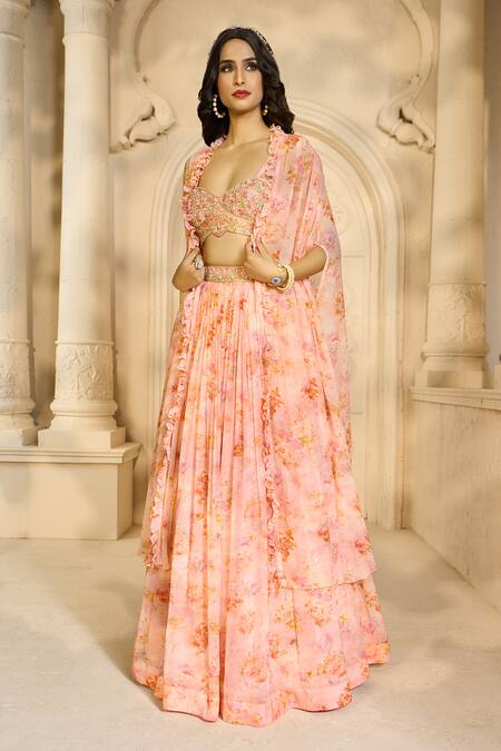 Shop Aariyana Couture Peach Chiffon Embroidery Sweetheart Neck Floral Print Skirt Set With Cape Online at Aza Fashions Shop_Aariyana Couture_Peach Chiffon Embroidery Sweetheart Neck Floral Print Skirt Set With Cape_Online_at_Aza_Fashions
