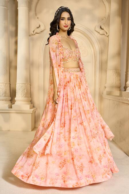 Aariyana Couture Peach Chiffon Embroidery Sweetheart Neck Floral Print Skirt Set With Cape at Aza Fashions Aariyana Couture_Peach Chiffon Embroidery Sweetheart Neck Floral Print Skirt Set With Cape_at_Aza_Fashions