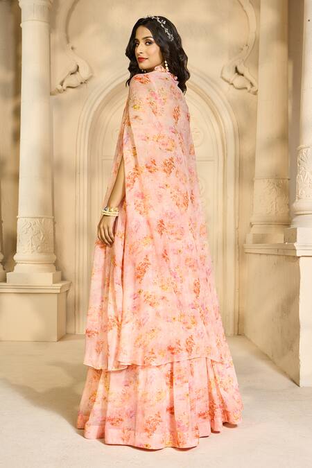 Buy Aariyana Couture Peach Chiffon Embroidery Sweetheart Neck Floral Print Skirt Set With Cape Buy_Aariyana Couture_Peach Chiffon Embroidery Sweetheart Neck Floral Print Skirt Set With Cape