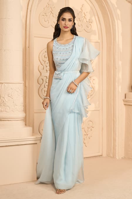 Buy_Aariyana Couture_Blue Organza, Net Embroidery Round Neck Pre-stitched Ruffle Saree With Blouse