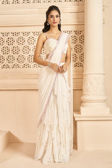 Buy Aariyana Couture Off White Chiffon, Denim, Layered Pre-draped Lehenga Saree With Bustier Online at Aza Fashions Buy_Aariyana Couture_Off White Chiffon, Denim, Layered Pre-draped Lehenga Saree With Bustier_Online_at_Aza_Fashions