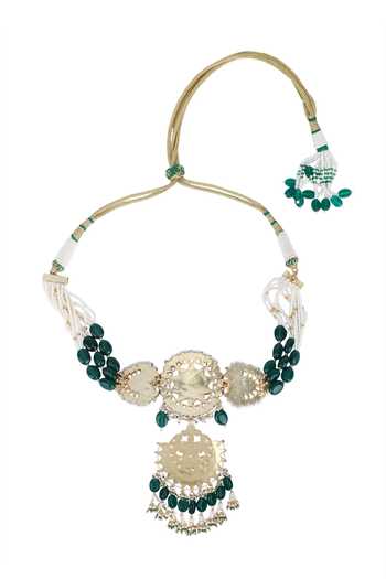 Buy_Auraa Trends_Green Beads Kundan Embellished Pendant Choker Set 