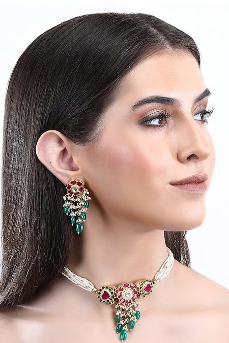 Auraa Trends Red Stones, Beads, Gota Patti Embellished Pendant Choker Set 