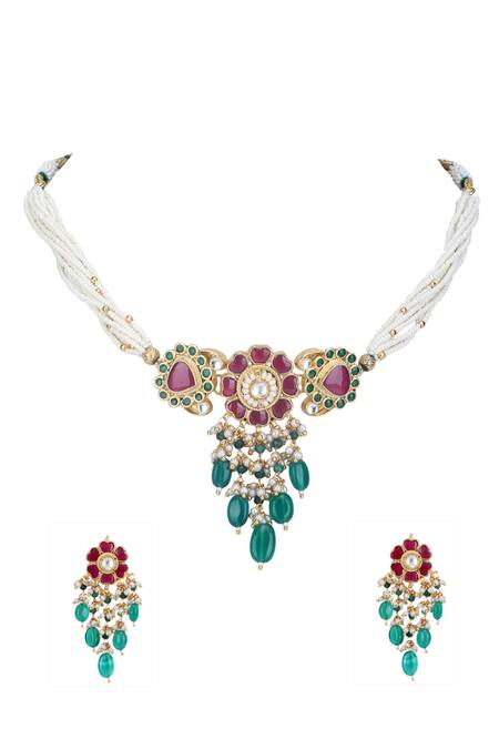 Auraa Trends Red Stones, Beads, Gota Patti Embellished Pendant Choker Set Online at Aza Fashions Auraa Trends_Red Stones, Beads, Gota Patti Embellished Pendant Choker Set _Online_at_Aza_Fashions