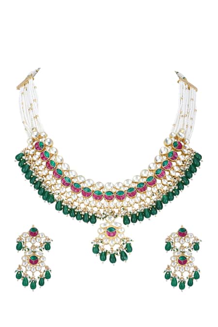 Buy_Auraa Trends_Red Stones, Beads, Zari Kundan Embellished Pendant Choker Set _Online_at_Aza_Fashions