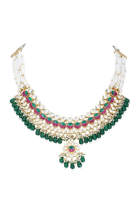 Shop_Auraa Trends_Red Stones, Beads, Zari Kundan Embellished Pendant Choker Set _Online_at_Aza_Fashions