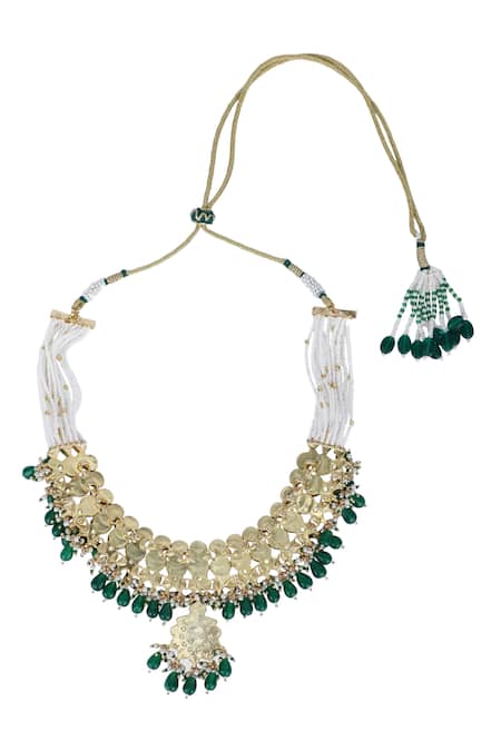 Auraa Trends_Red Stones, Beads, Zari Kundan Embellished Pendant Choker Set _at_Aza_Fashions