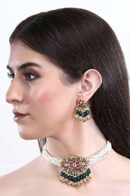 Auraa Trends_Red Stones, Beads Kundan Studded Pendant Choker Set _Online_at_Aza_Fashions