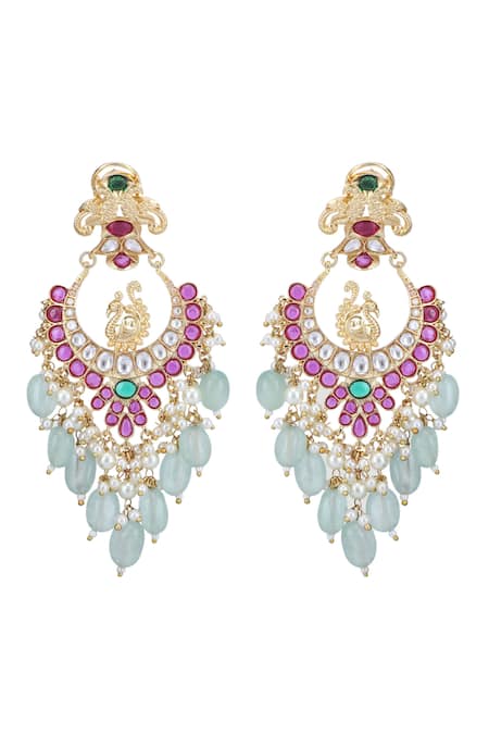 Auraa Trends_Red Stones, Beads, Zari Peacock Carved Earrings _Online_at_Aza_Fashions