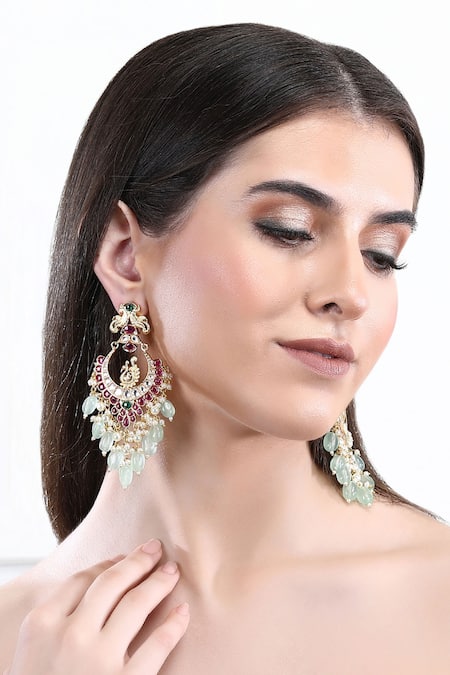 Buy_Auraa Trends_Red Stones, Beads, Zari Peacock Carved Earrings _Online_at_Aza_Fashions