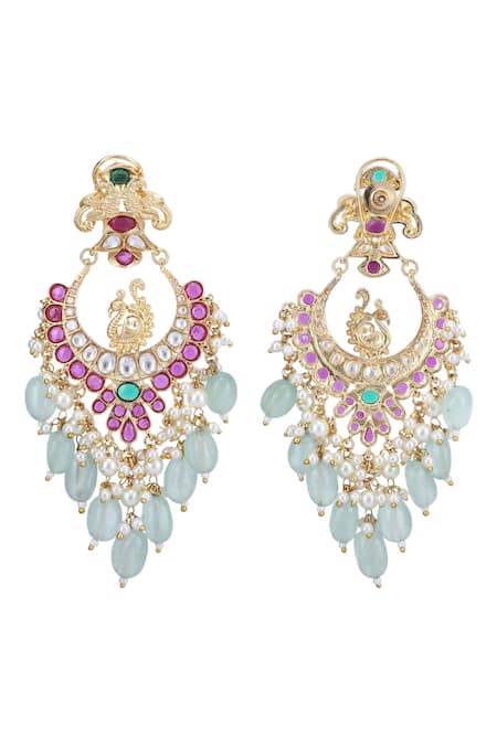 Shop_Auraa Trends_Red Stones, Beads, Zari Peacock Carved Earrings _Online_at_Aza_Fashions