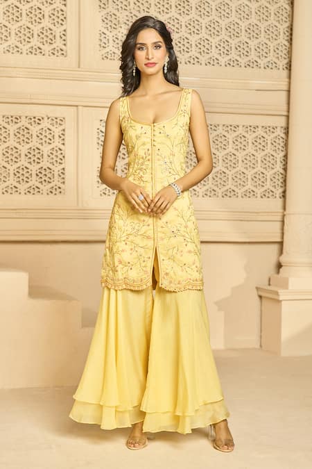 Aariyana Couture Yellow Kurta Bamber Silk Embroidered Floral Patterns Plunged And Sharara Set 