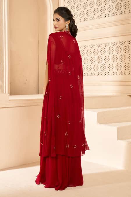 Shop_Aariyana Couture_Red Viscose Embroidery Scoop Neck Cape With Flared Pant Set_at_Aza_Fashions