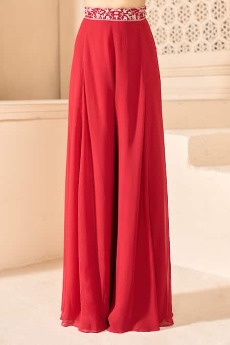 Aariyana Couture_Red Viscose Embroidery Scoop Neck Cape With Flared Pant Set_Online_at_Aza_Fashions