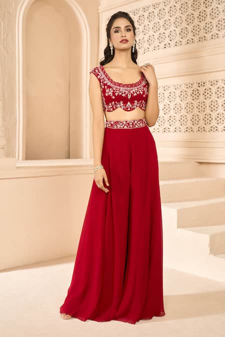 Buy_Aariyana Couture_Red Viscose Embroidery Scoop Neck Cape With Flared Pant Set_Online_at_Aza_Fashions
