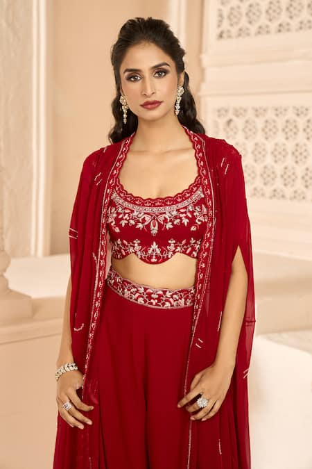 Aariyana Couture_Red Viscose Embroidery Scoop Neck Cape With Flared Pant Set_at_Aza_Fashions