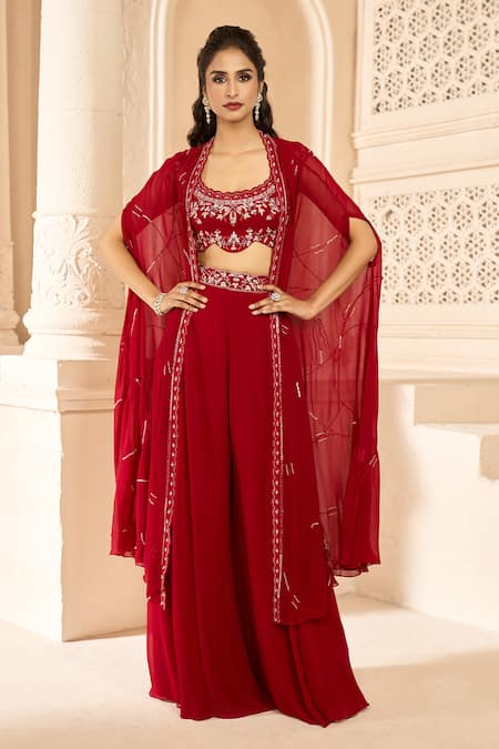 Buy_Aariyana Couture_Red Viscose Embroidery Scoop Neck Cape With Flared Pant Set