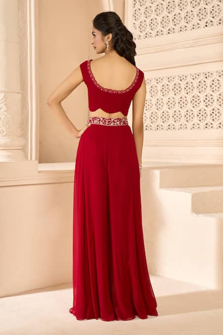 Shop_Aariyana Couture_Red Viscose Embroidery Scoop Neck Cape With Flared Pant Set