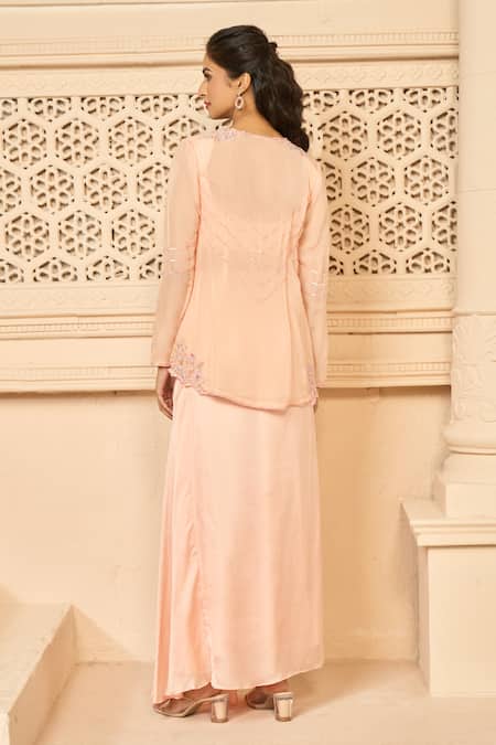 Shop Aariyana Couture Peach Viscose, Modal Embroidery Scoop Neck, Round Draped Skirt Set With Jacket at Aza Fashions Shop_Aariyana Couture_Peach Viscose, Modal Embroidery Scoop Neck, Round Draped Skirt Set With Jacket_at_Aza_Fashions