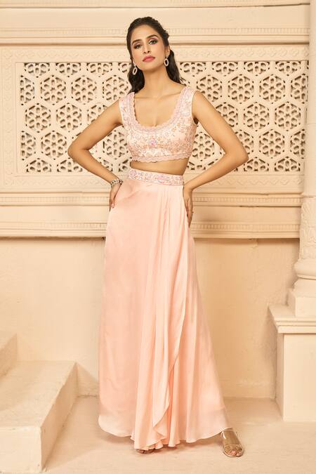 Aariyana Couture Peach Viscose, Modal Embroidery Scoop Neck, Round Draped Skirt Set With Jacket Online at Aza Fashions Aariyana Couture_Peach Viscose, Modal Embroidery Scoop Neck, Round Draped Skirt Set With Jacket_Online_at_Aza_Fashions