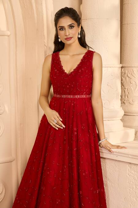 Shop_Aariyana Couture_Red Net Embroidery V-neck Floral Vine Gown