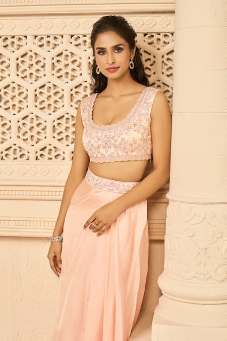 Shop Aariyana Couture Peach Viscose, Modal Embroidery Scoop Neck, Round Draped Skirt Set With Jacket Online at Aza Fashions Shop_Aariyana Couture_Peach Viscose, Modal Embroidery Scoop Neck, Round Draped Skirt Set With Jacket_Online_at_Aza_Fashions