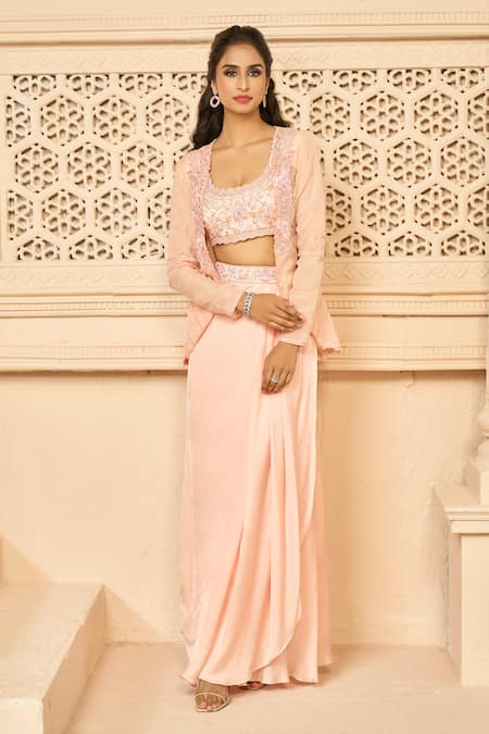 Shop Aariyana Couture Peach Viscose, Modal Embroidery Scoop Neck, Round Draped Skirt Set With Jacket Shop_Aariyana Couture_Peach Viscose, Modal Embroidery Scoop Neck, Round Draped Skirt Set With Jacket