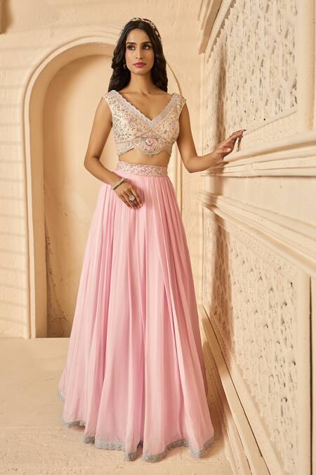 Aariyana Couture_Multi Color Organza, Denim, Tulle, Silk Embroidery Floral Crop Top Lehenga Set_Online_at_Aza_Fashions