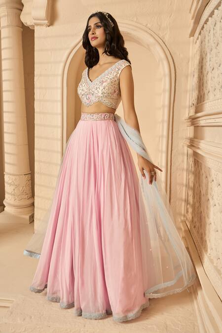 Buy_Aariyana Couture_Multi Color Organza, Denim, Tulle, Silk Embroidery Floral Crop Top Lehenga Set_Online_at_Aza_Fashions