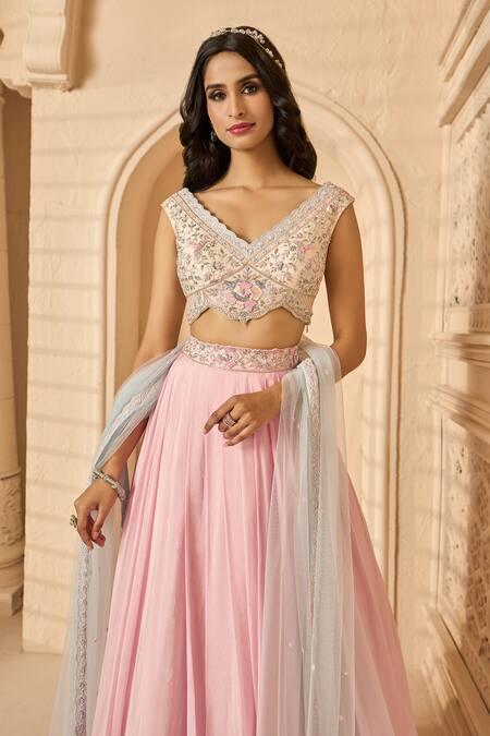 Shop_Aariyana Couture_Multi Color Organza, Denim, Tulle, Silk Embroidery Floral Crop Top Lehenga Set_Online_at_Aza_Fashions