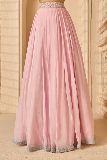 Buy_Aariyana Couture_Multi Color Organza, Denim, Tulle, Silk Embroidery Floral Crop Top Lehenga Set