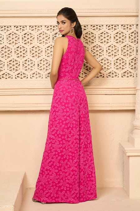 Ariyana By Aza_Pink Georgette Embroidered Floral And Leaf Round Jumpsuit _Online_at_Aza_Fashions